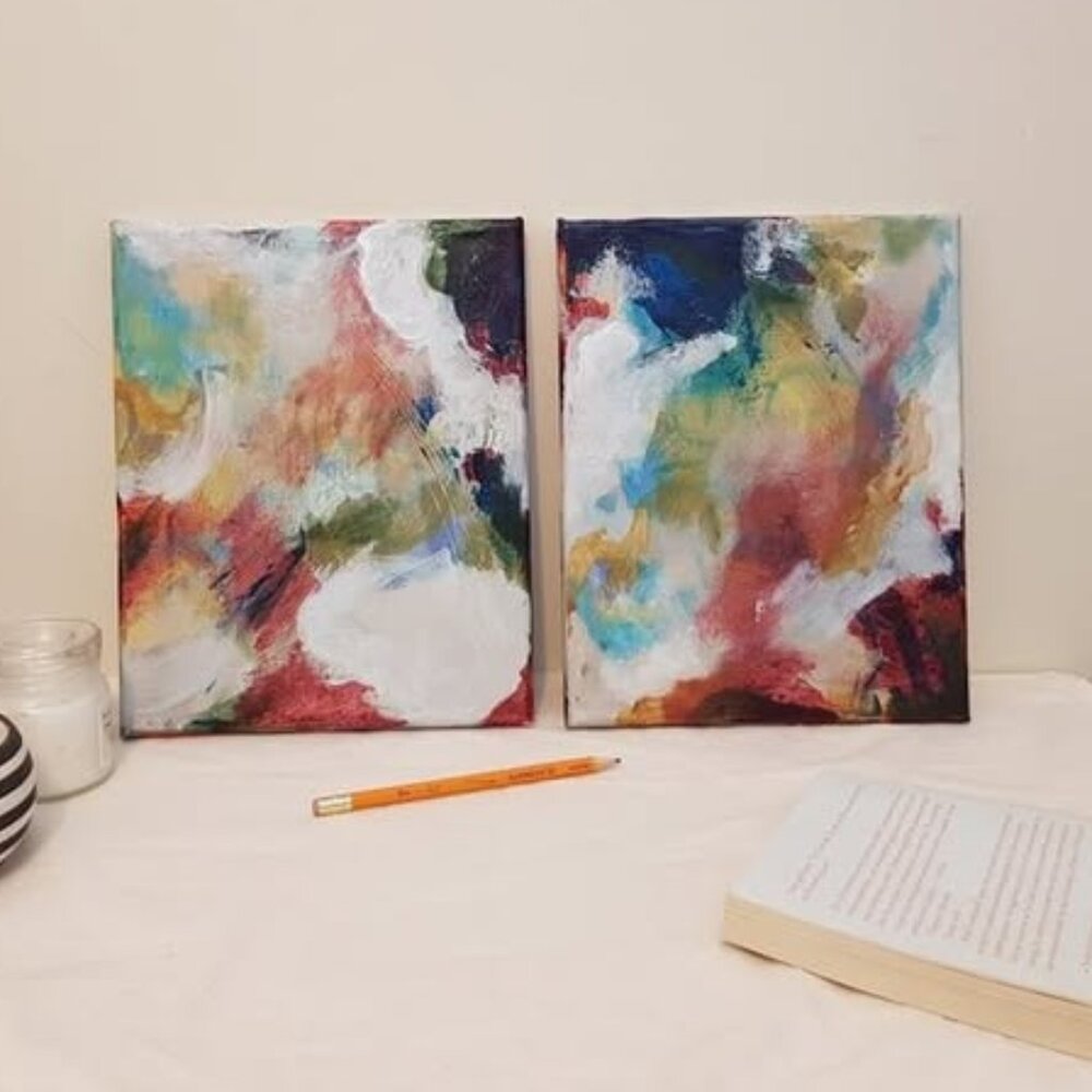 Set of 2 Original intuitive abstract acrylic paintings on canvas. Each is 8x10